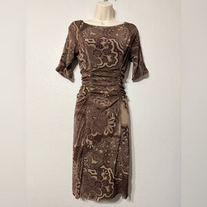 Chic Kay Unger Stretchy Mesh Brown Tone on Tone Large Floral Ruched Midi Dress L